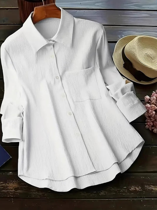 Women's Shirt Blouse Pocket Buttons Asymmetric Hem Plain