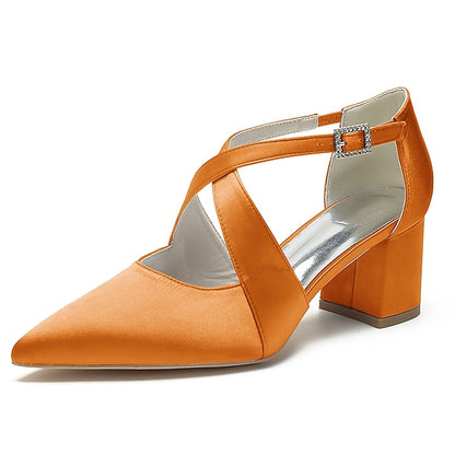 Satin Elegant Toe – White Women's Heels Block Pointed