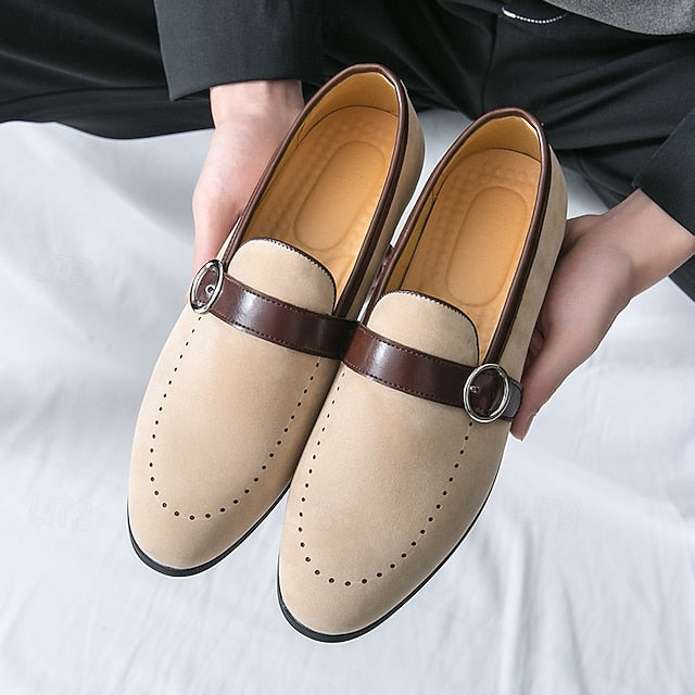 Loafers Buckle Slip-On Strap Brown Suede with Faux Men's