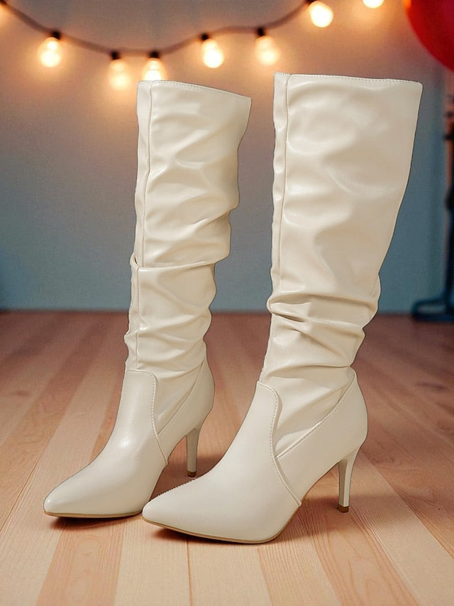 - Toe Leather Knee Women's High Brown Faux Boots Pointed