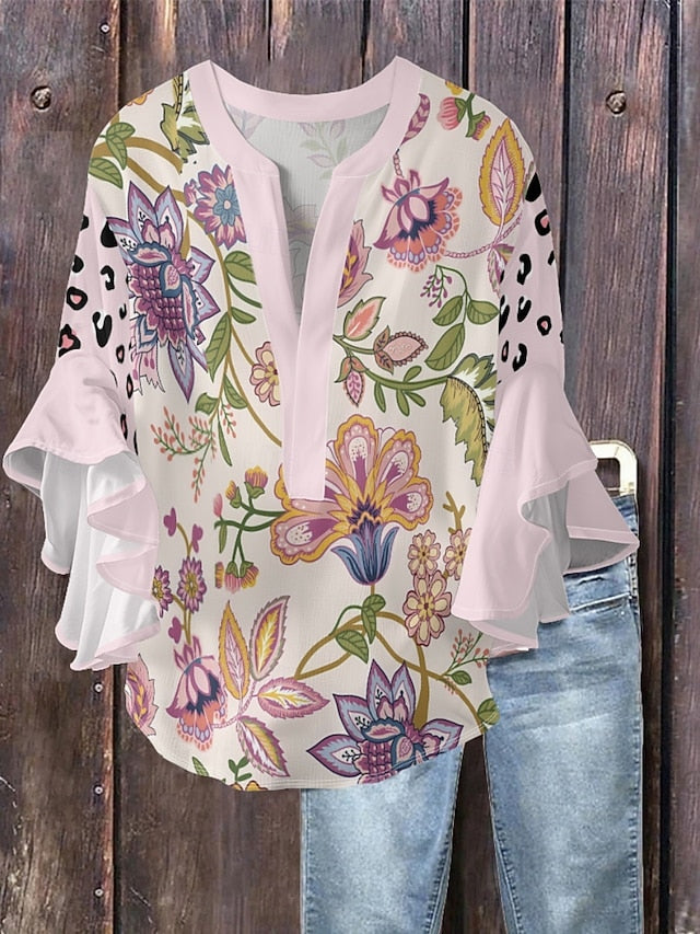 Women's Blouse Ruffle Print Floral Stylish Modern 3/4