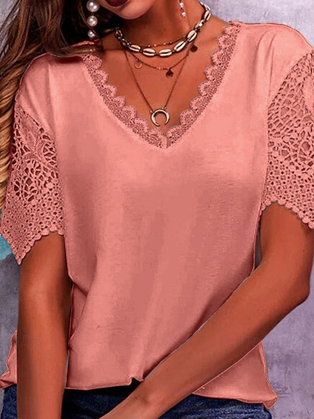 Women's T Shirt Lace Patchwork Eyelet Plain Fashion Modern
