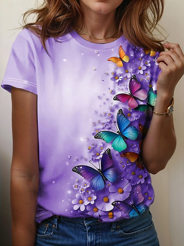 Women's T Shirt Print Butterfly Casual Short Sleeve Round