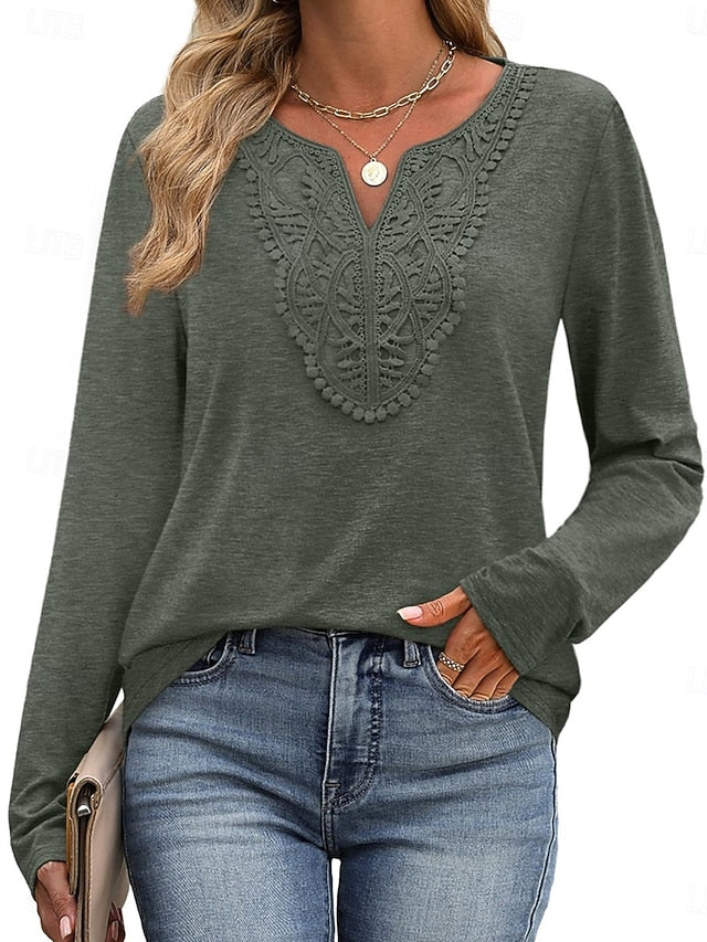 Women's Blouse Patchwork Embroidered Solid Color Stylish