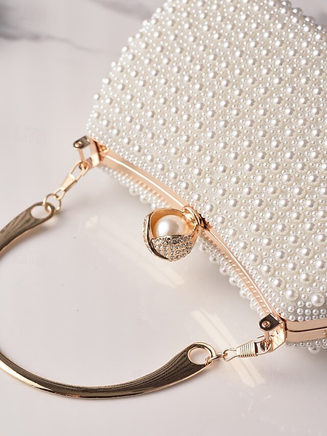 Clutch Evening Bag Gold Pearl with Beaded Women's Handle
