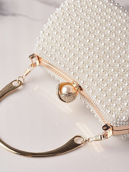 Clutch Evening Bag Gold Pearl with Beaded Women's Handle