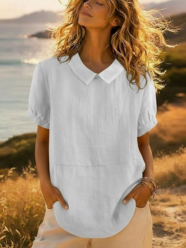 Women's Shirt 100% Cotton Blouse Ruched Plain Daily Basic