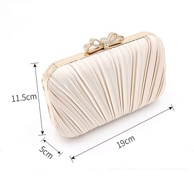 Bow Pleated Clutch Elegant Bag White Rhinestone Women's –