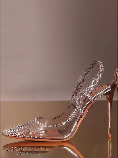 Heels Rhinestone Women's Pointed Toe Clear Slingback with