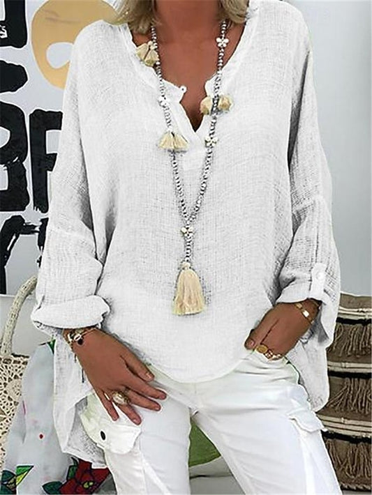 Women's Shirt Blouse Faux Cotton Linen Solid Basic Long