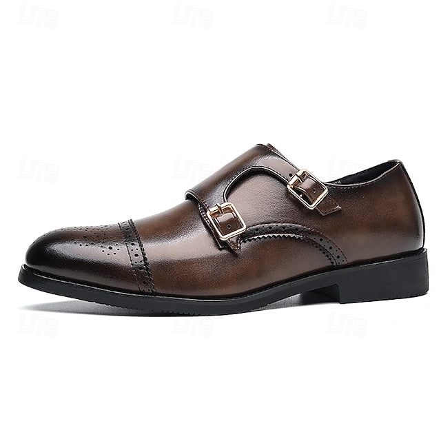 Double Strap with Brown Shoes Men's Leather Monk Faux