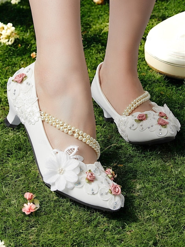 for Floral Strap Bridal Pearl Low Embellished White Heel Shoes