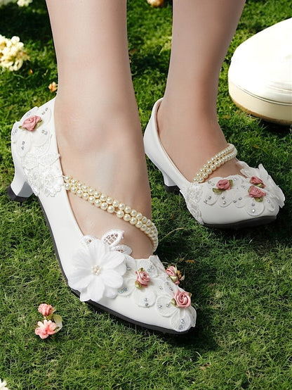 Shoes White Floral Pearl Embellished for Strap Bridal Heel Low