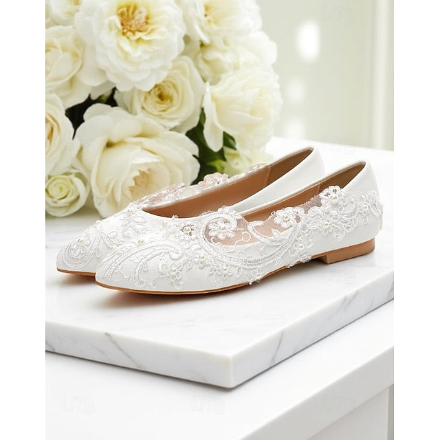 Vintage – Flats White Ballet Embroidered Lace Women's