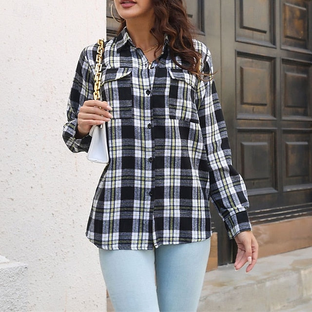 Women's Shirt Buttons Plaid Daily Stylish Basic Long Sleeve