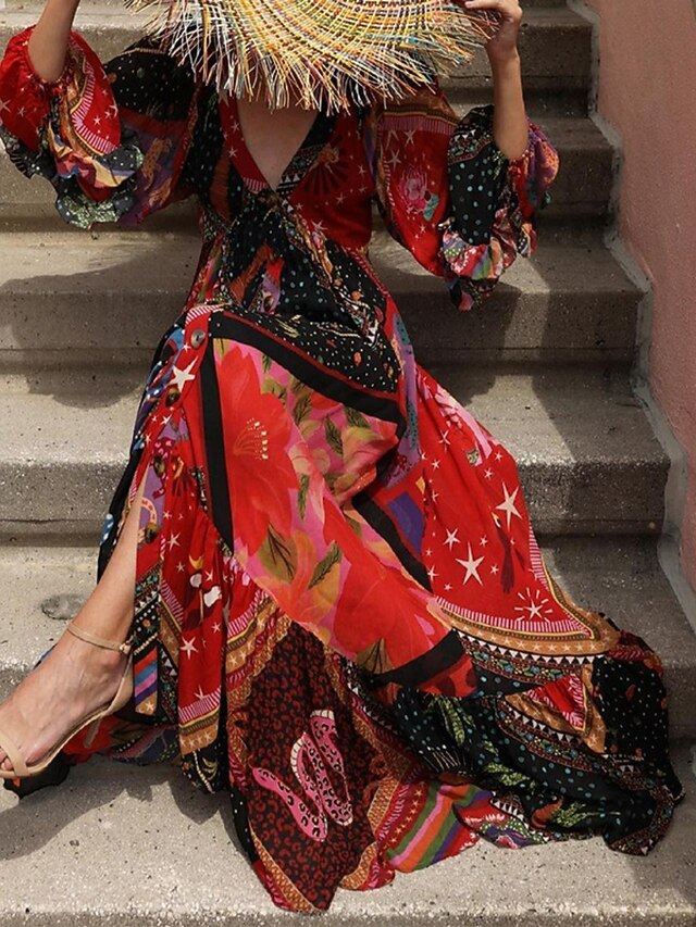 Women's Color Block V Neck Maxi Dress Long Sleeve Summer