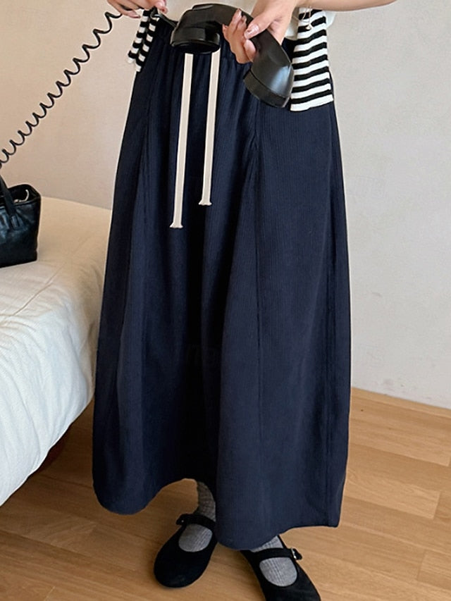 Women's Casual Maxi High Waist Skirts Plain Drawstring