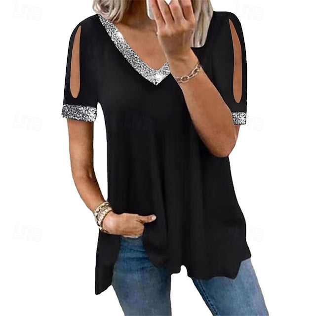 Women's Blouse Dressy Tops Ruched Sequins Patchwork Plain