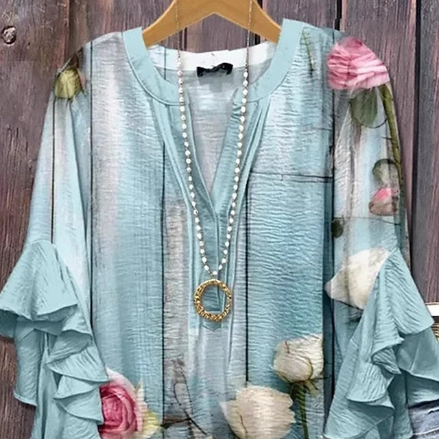 Floral Ruffle Modern T Top Women's Shirt Tee Print Fashion