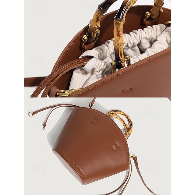Bucket Bag Bamboo Handle Leather Brown Women's with