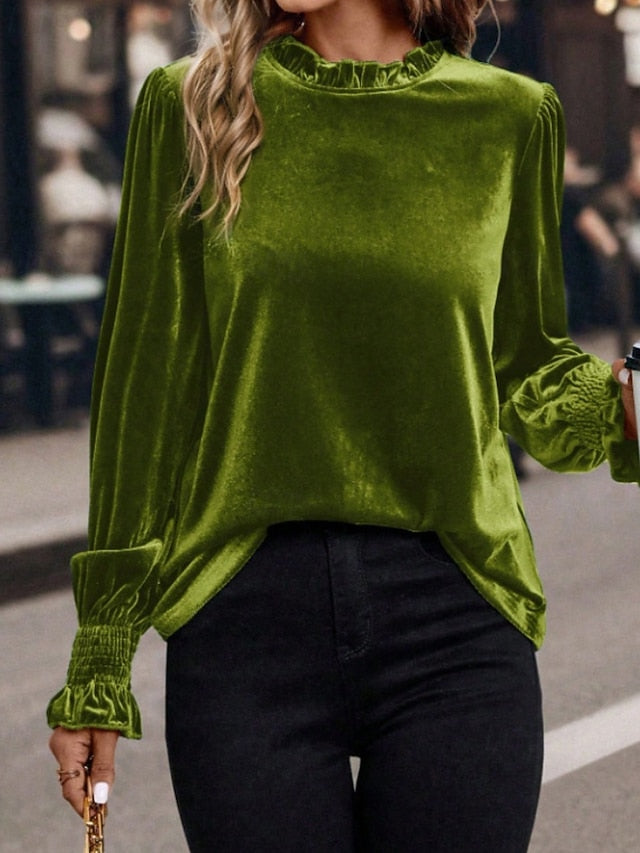 Women's Velvet Elegant Dressy Blouse Ruched Plain Vintage