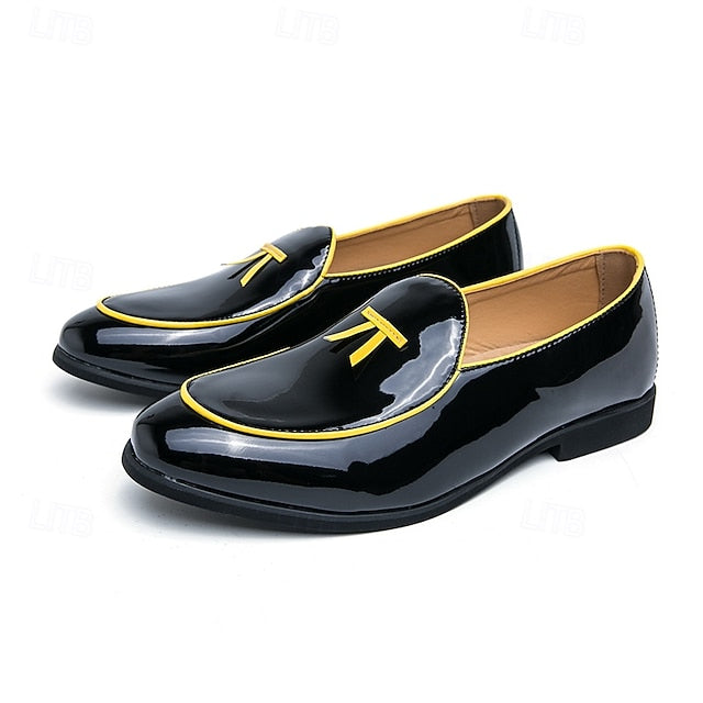 Patent Faux with Trim Loafers Yellow Men's Leather Black