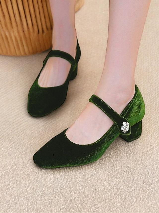 Block Green Pumps - Women's Square Mary Velvet Jane Toe