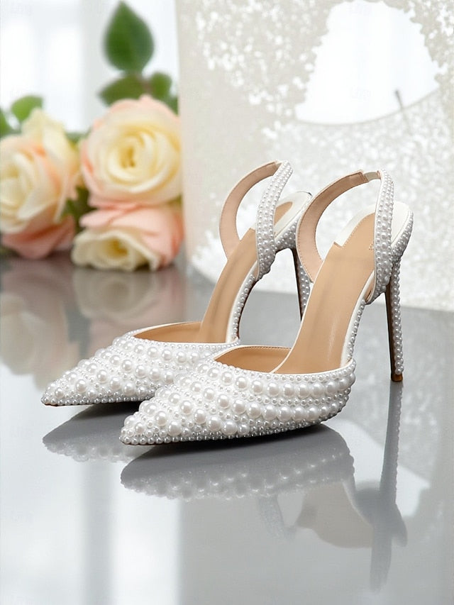 Leather - Heels Slingback Pearl-Embellished Women's White