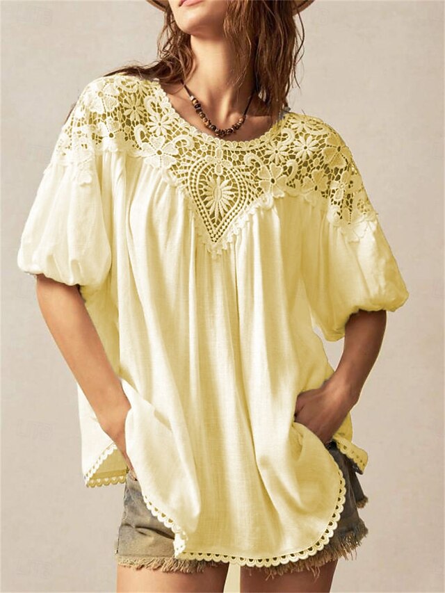 Women's Summer Tops Blouse Lace Tops Ruched Lace Patchwork
