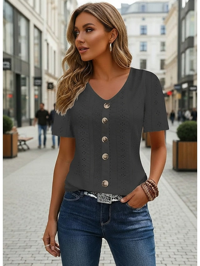 Women's Pointelle Shirt Eyelet Top Buttons Daily Short