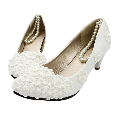 Heels Decorated Floral – White Wedding Pearl Women's Lace