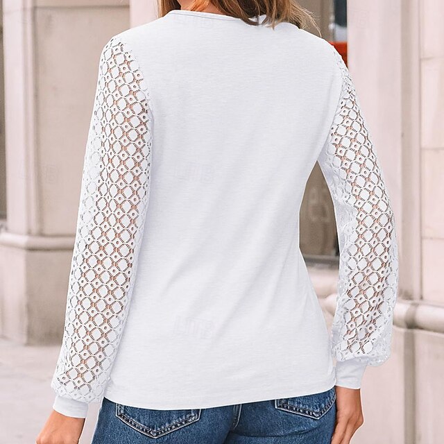 Color Tee Top Shirt Women's T Patchwork Eyelet Solid