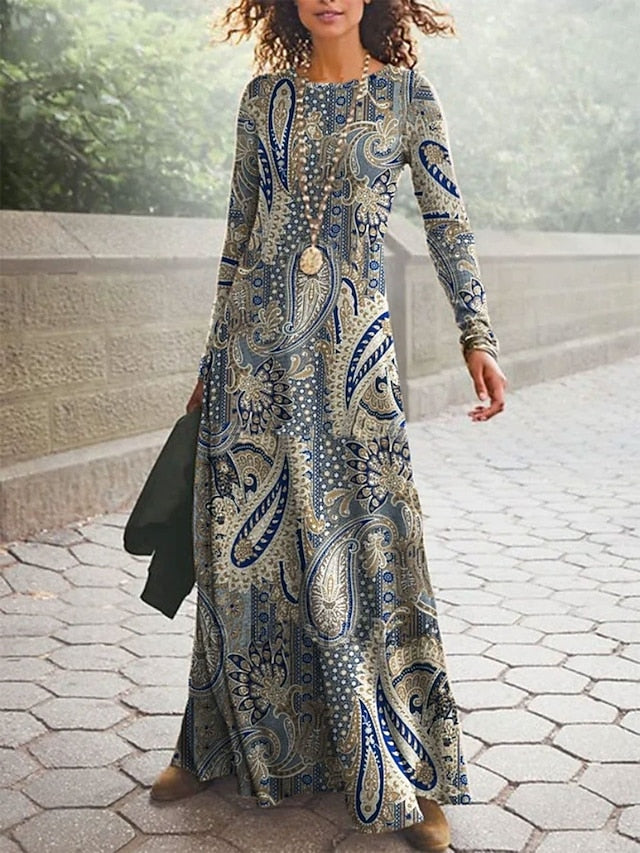Women's Maxi Dress Vintage Bohemian A Line Dress Crew Neck