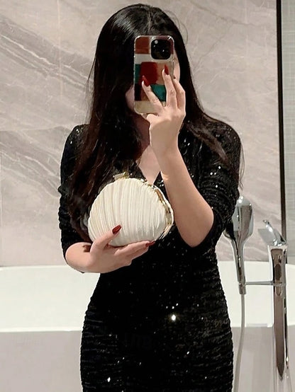 Women's Purse Clutch Shell Evening Satin Pleated