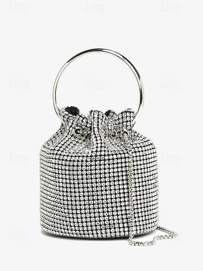 Sparkling Metal Bucket Women's Silver with Bag Rhinestone