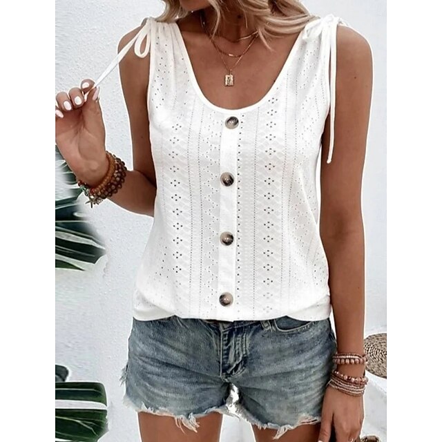 Women's Tank Top Eyelet Buttons Plain Fashion Stylish