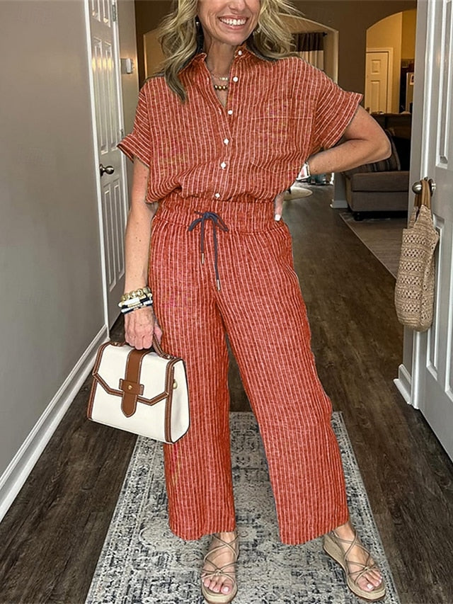 Women's Pants Sets Short Sleeve Shirt Collar Striped