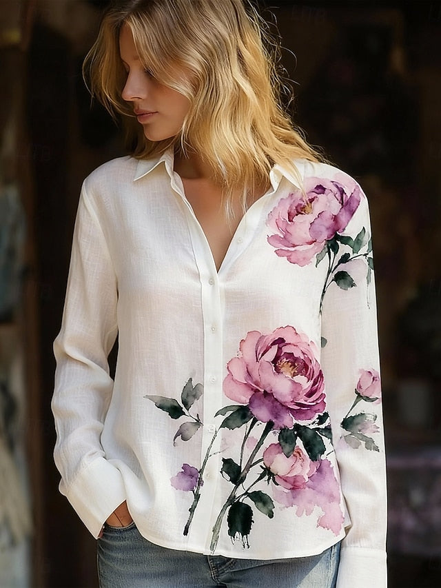 Women's Shirt Boho Shirt Faux Cotton Linen Buttons Print