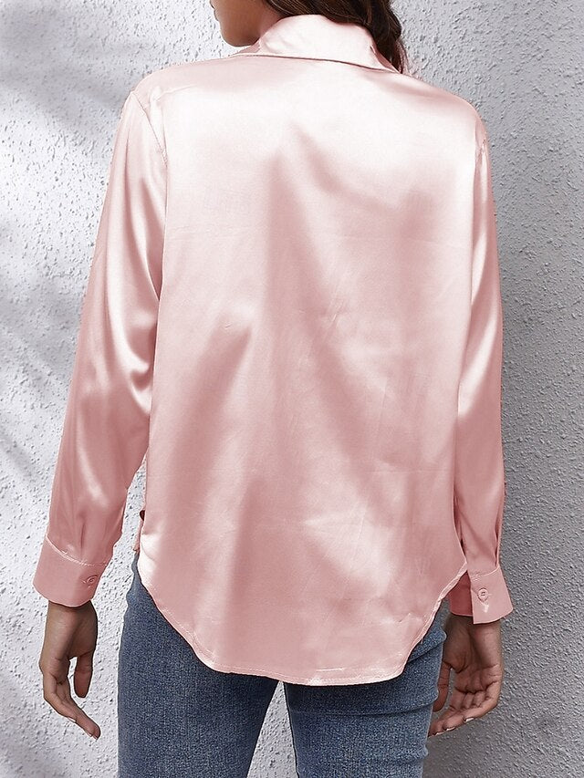 Women's Shirt Elegant Dressy Satin Top Buttons Solid Color