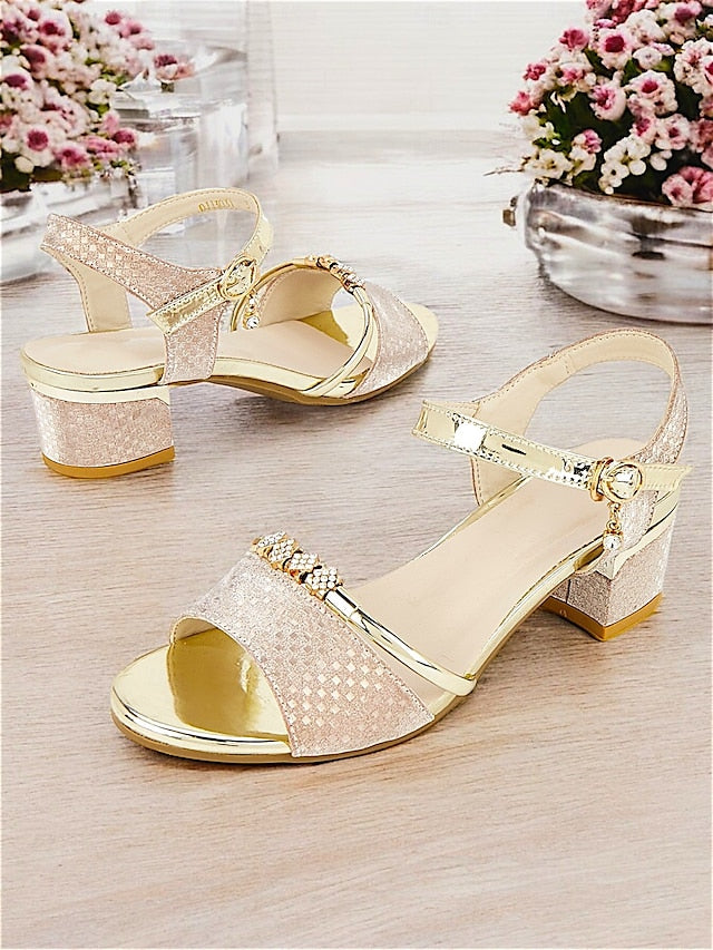Heel – Block for Women Sandals Rhinestone-Embellished Gold