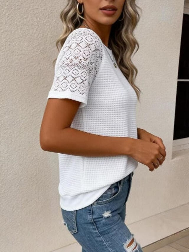 Women's T Shirt Lace T-shirt Tee Top Lace Patchwork Plain