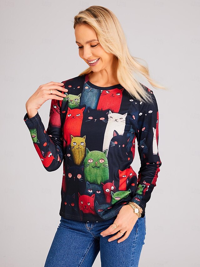 Women's T shirt Long Sleeve Crew Neck Long Sleeve Tunic Cat