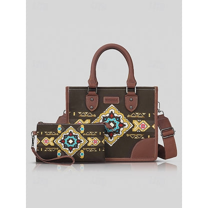 and Set Women's Ethnic Leather Faux Handbag Canvas with