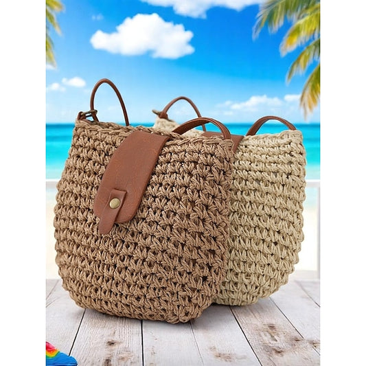- Crossbody Women’s Chic Strap with Woven Straw Bag Leather