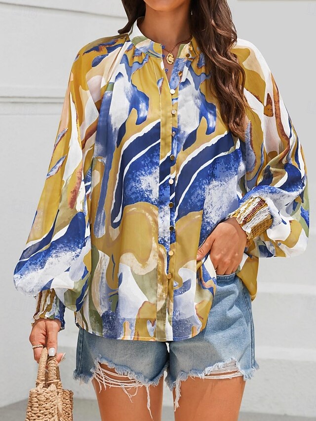 Women's Blouse Buttons Print Graphic Color Block Stylish