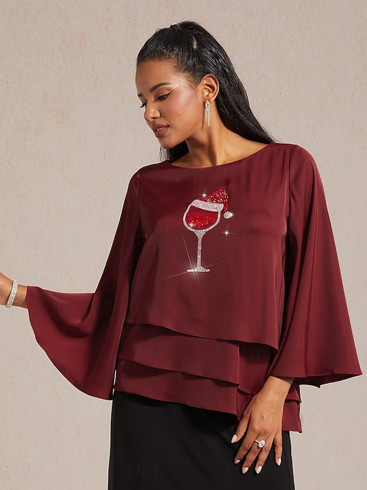 Christmas Women's Satin Shirt Blouse Rhinestone Wine Glass