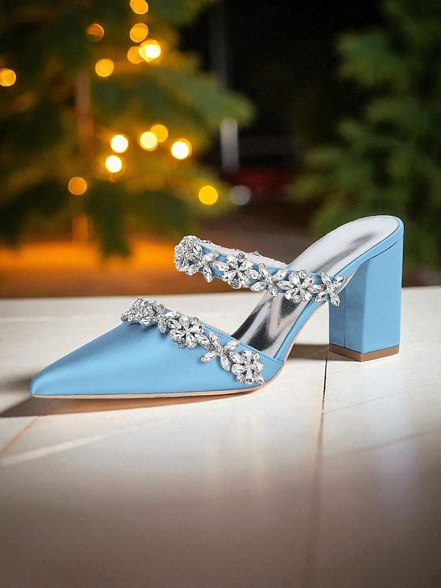 Black Satin Women's Rhinestone Mules Floral with Block Heel