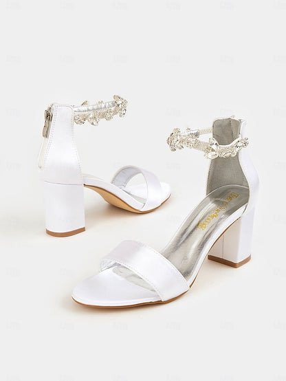 Sandals Heel Block Bridal Satin Ankle with Floral Strap White