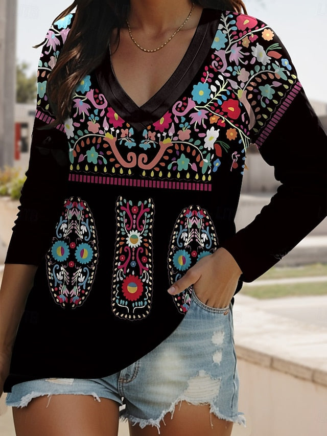 Women's T shirt Long Sleeve V Neck Long Sleeve Tunic Tribal