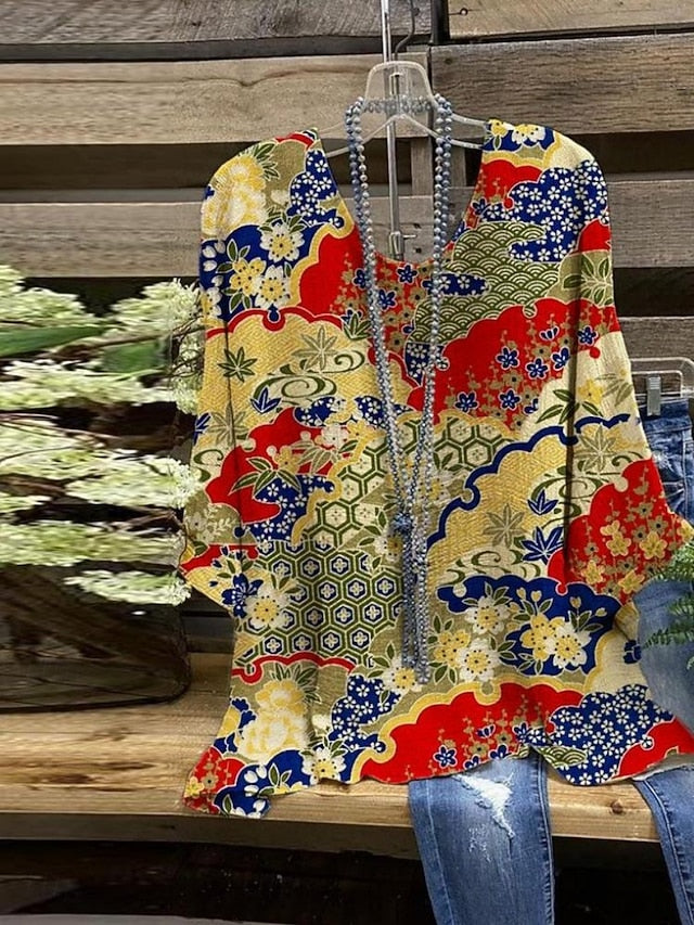 Women's Shirt Print Floral Stylish 3/4 Length Sleeve Crew